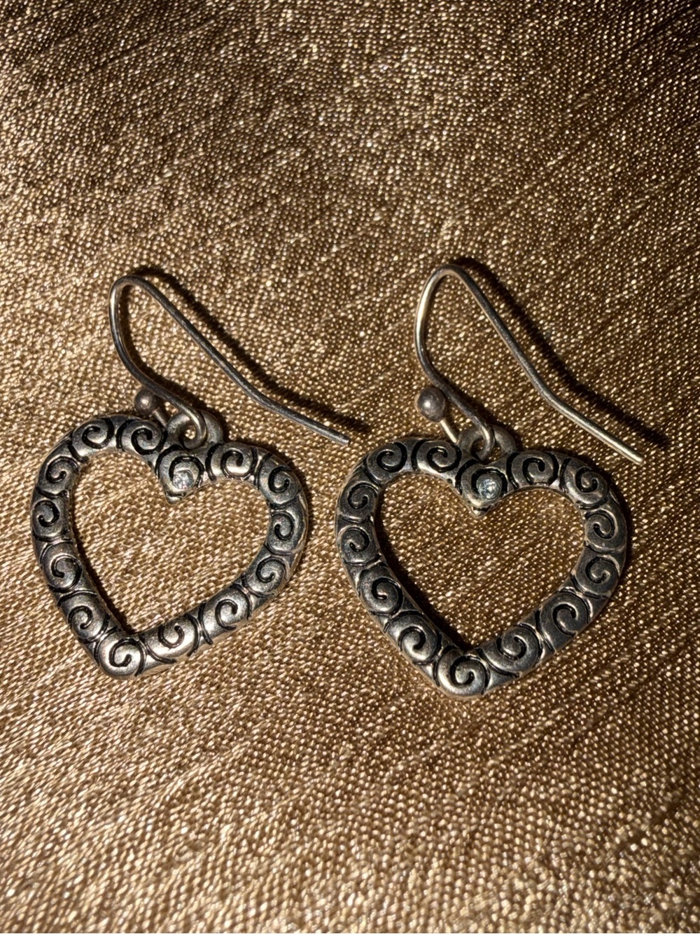 Open Heart Filigree Drop Earrings - Silver Tone